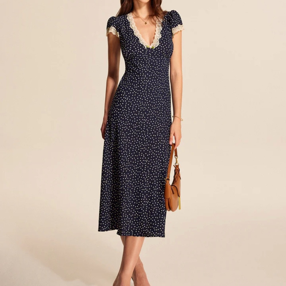 Commense Navy and White Polka Dot Midi Dress